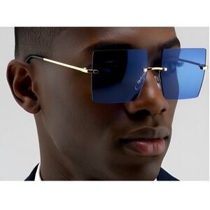 Rimless Sunglasses Square Blue Lens Gold Accents Fashion Trendy Men‎ Sun Glasses